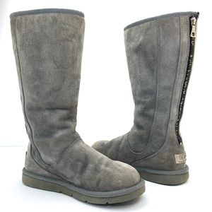 UGG Knightsbridge Gray Suede Zipper Back Knee High Sheepskin Boots